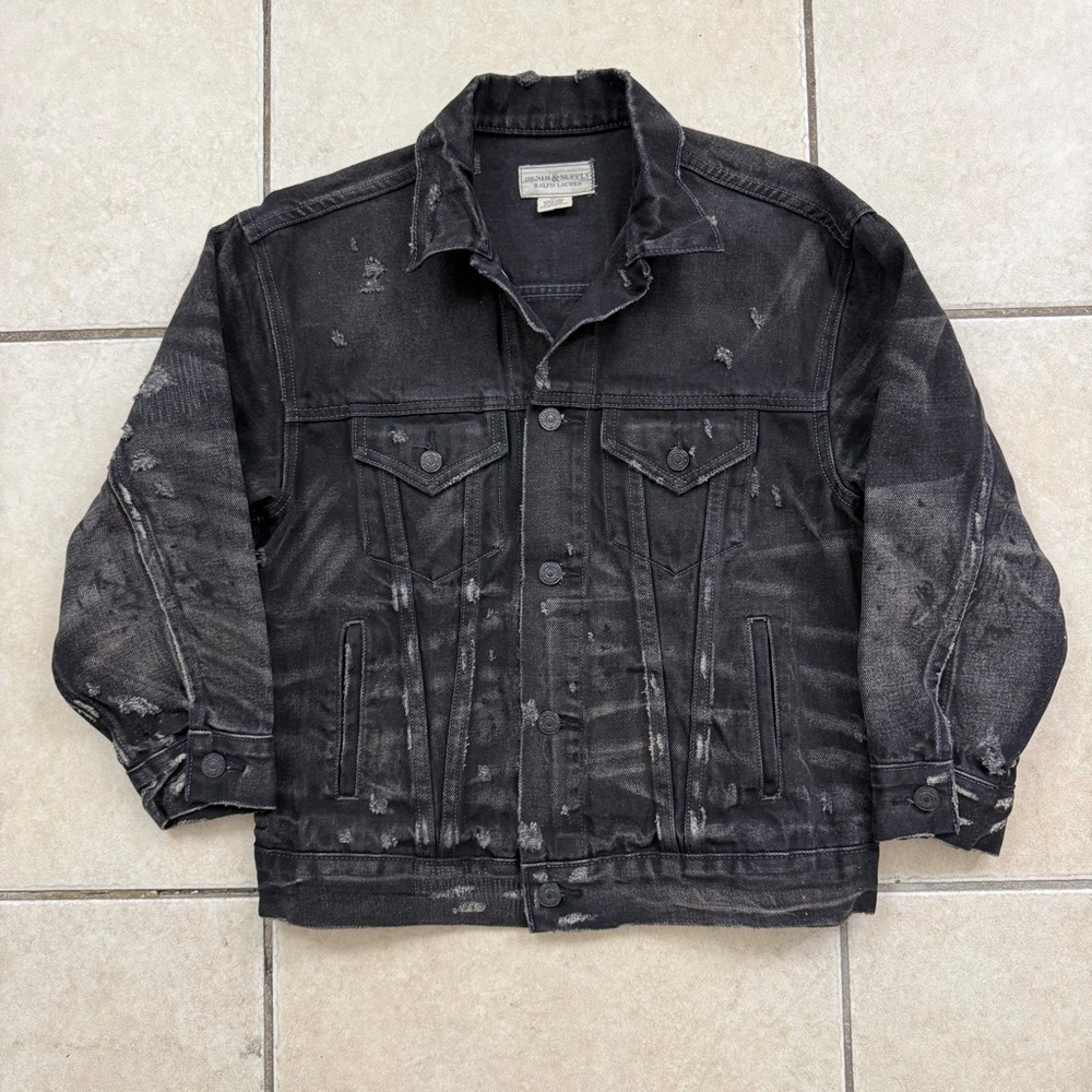 Denim Supply Ralph Lauren Shred Tatter USA Flag Distress Denim Trucker Jacket S